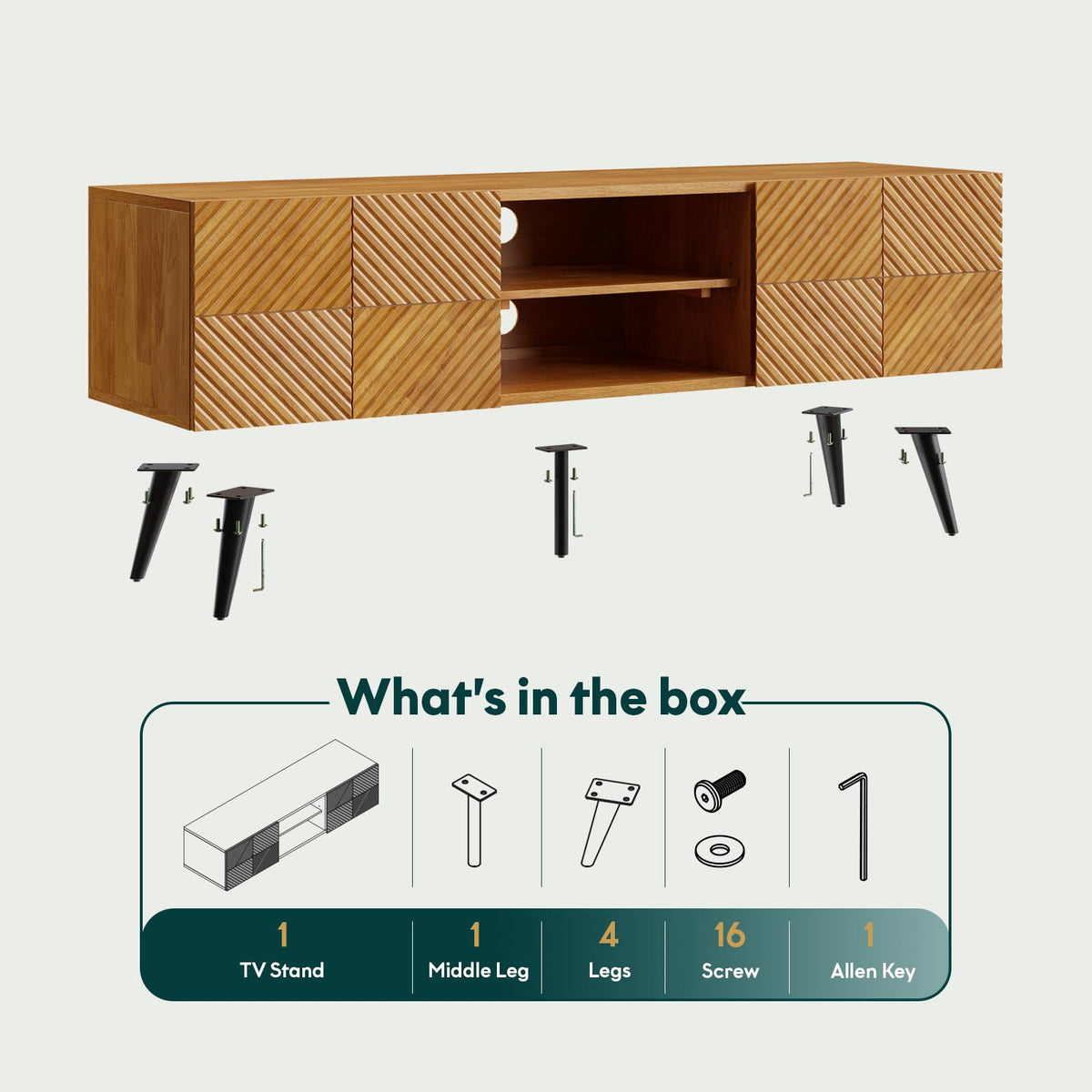 Rhombus TV stand designed with teak brown finish and media storage for TV and decor display