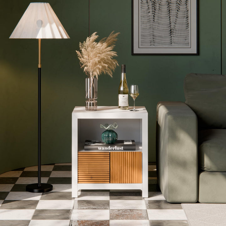 Madia nightstand with ivory white & teak brown finish and bedside storage for lamps and books