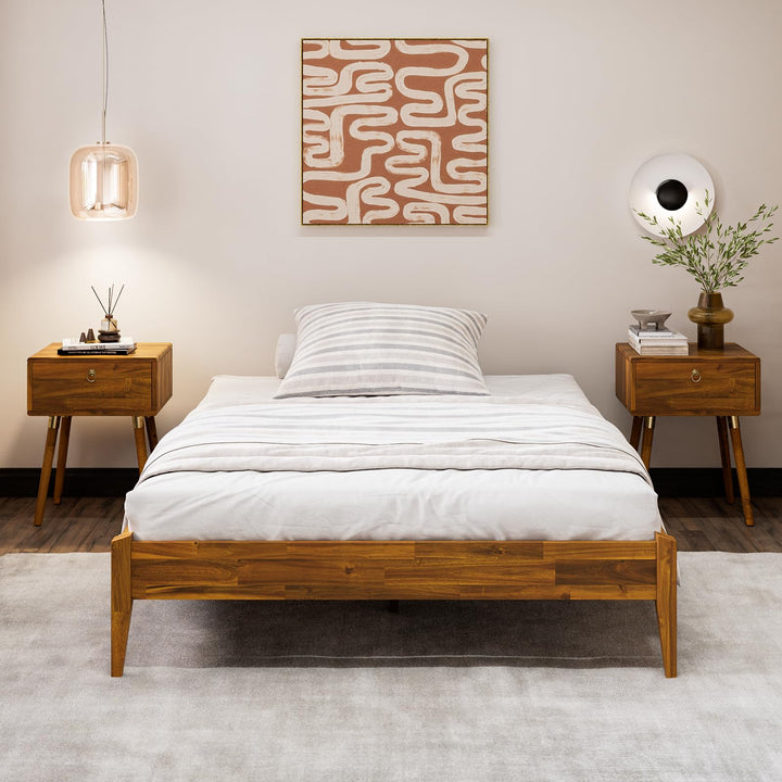 Dinkee full platform bed frame with headboard- design and caramel finish for everyday bedroom use