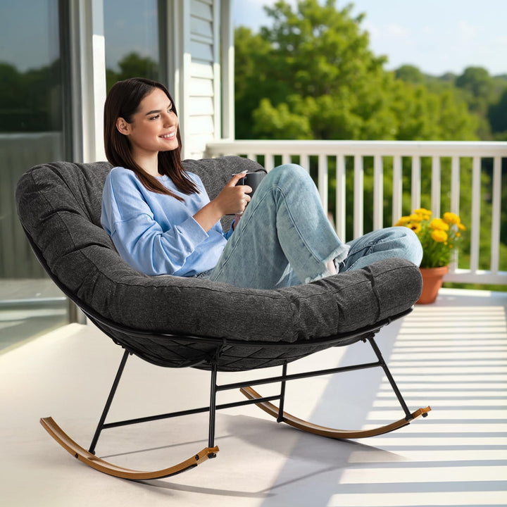 Metal moon rocking chair with ottoman with grey cushion and wood-texture frame; for everyday rocking seating