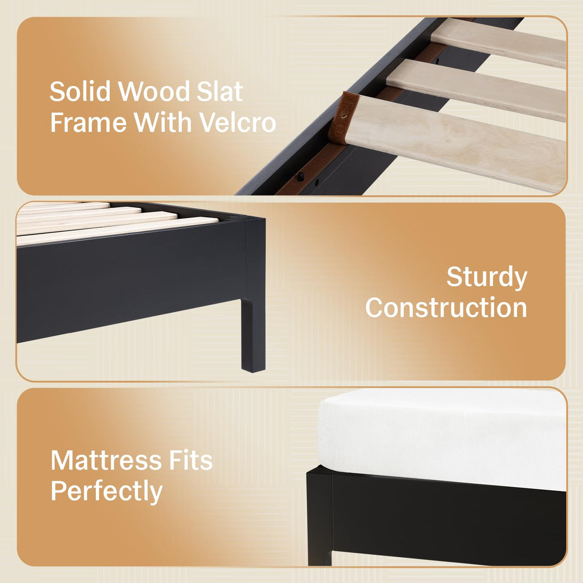 Madia queen platform bed frame, featuring black & teak brown finish, for a platform bed setup