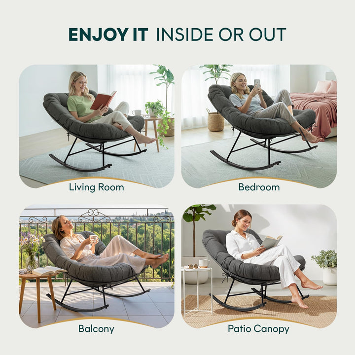 Metal moon rocking chair designed with grey cushion and black matte frame for indoor resting