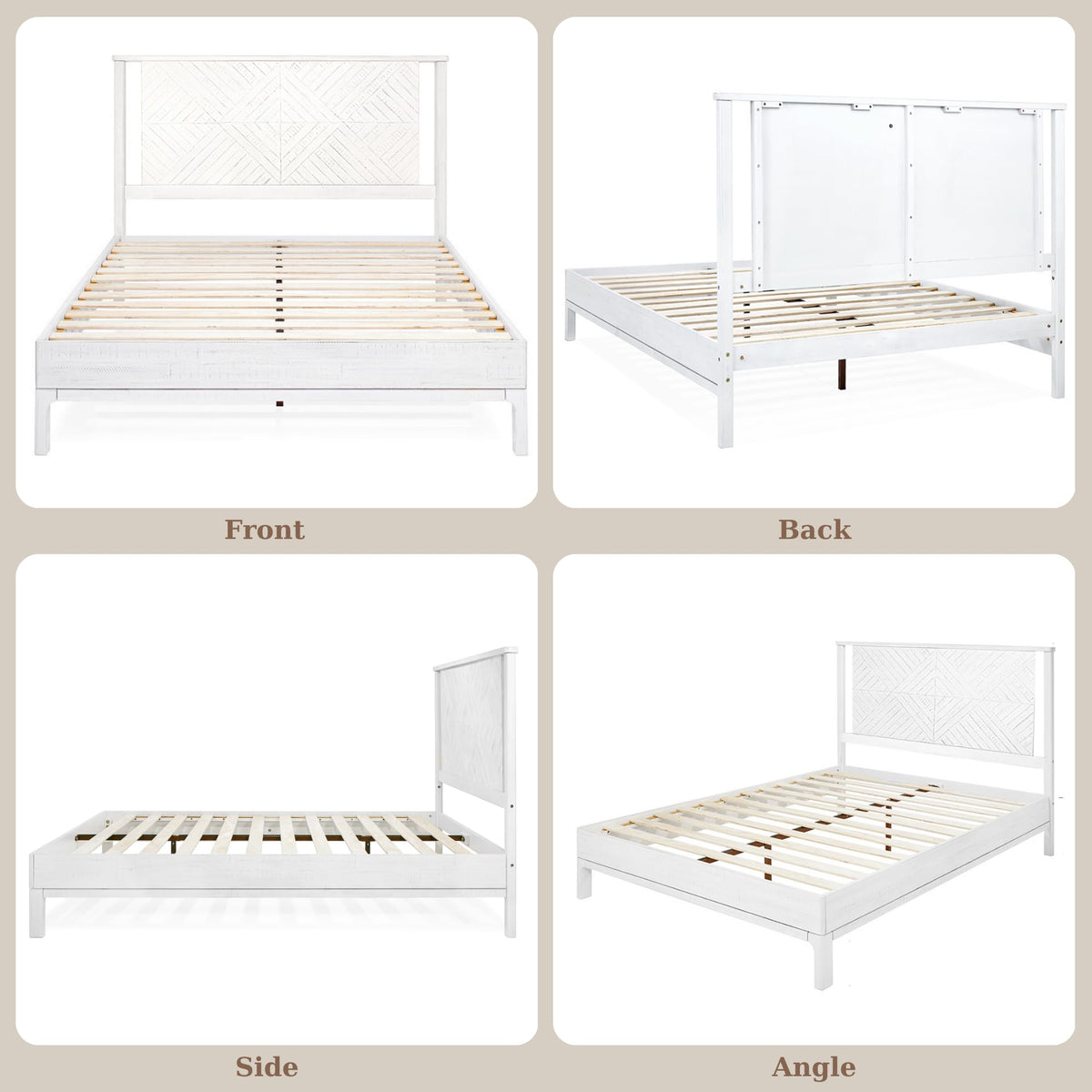 Ethan queen platform bed frame, featuring headboard and rustic white finish, for a platform bed setup