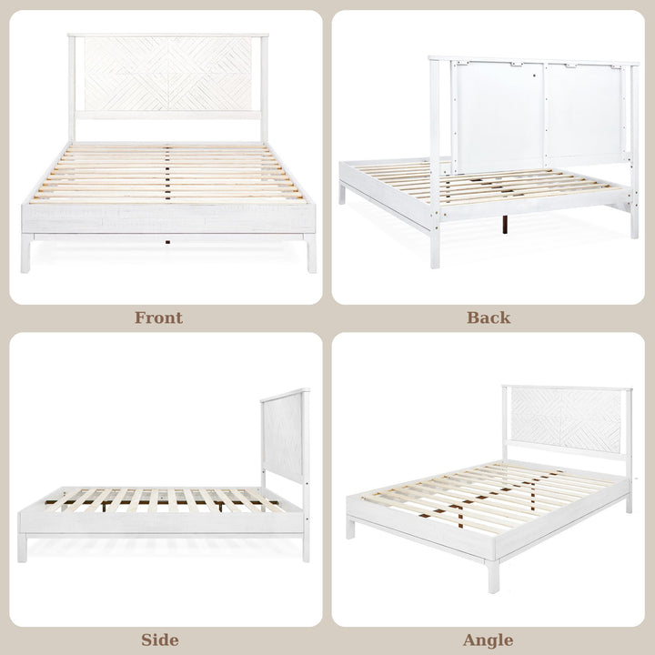 Ethan queen platform bed frame, featuring headboard and rustic white finish, for a platform bed setup