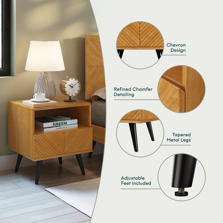 Rhombus nightstand with teak brown finish and bedside storage; for bedside essentials