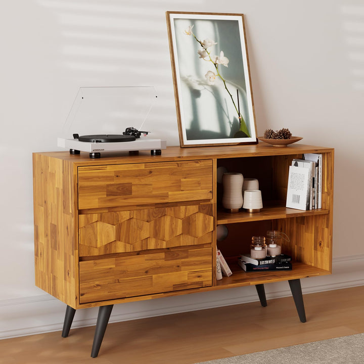 Georgina TV stand with 3-drawer, teak brown finish, and media storage for entertainment devices