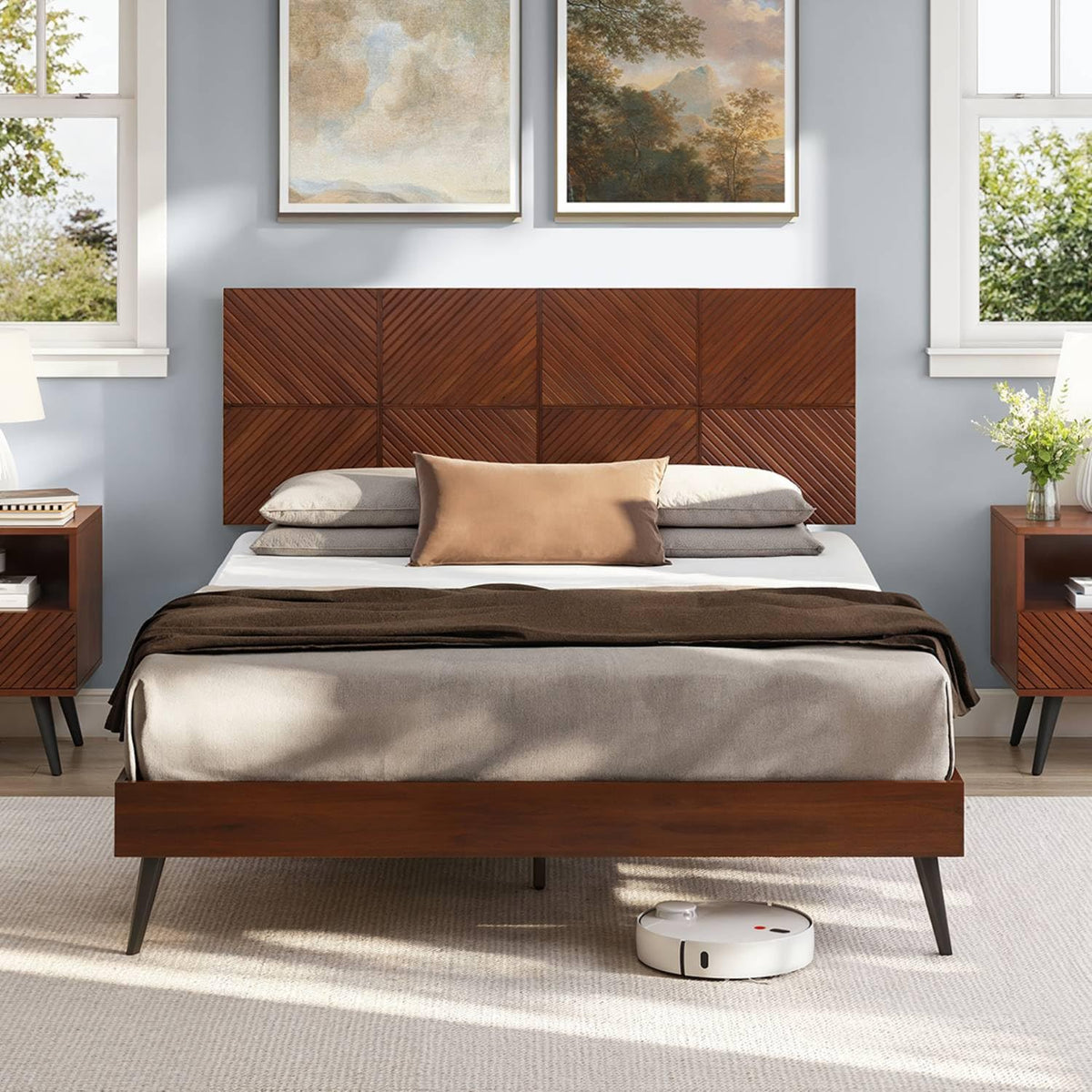 Rhombus queen platform bed frame with walnut finish for bedroom setup