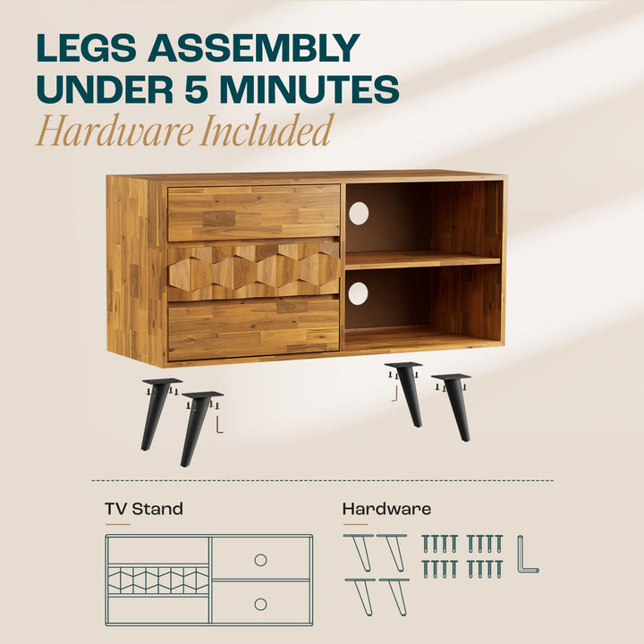 Georgina TV stand, featuring 3-drawer, teak brown finish, and media storage, for TV placement