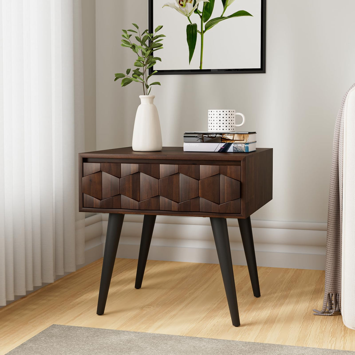 Georgina 1-drawer side table with walnut finish and sofa-side or bedside table for sofa-side use