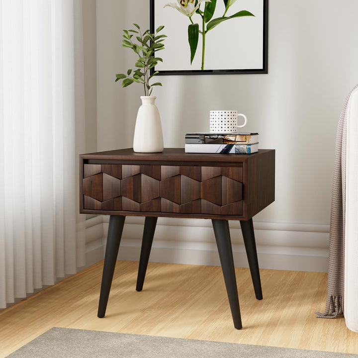 Georgina 1-drawer side table with walnut finish and sofa-side or bedside table for sofa-side use