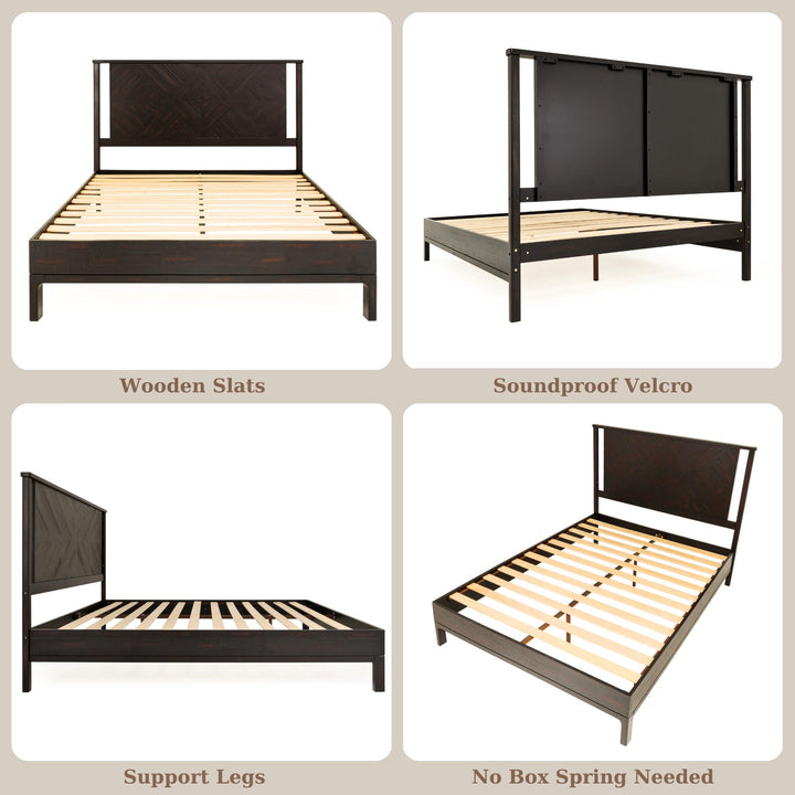 Ethan queen platform bed frame, featuring headboard and rustic black finish, for a platform bed setup