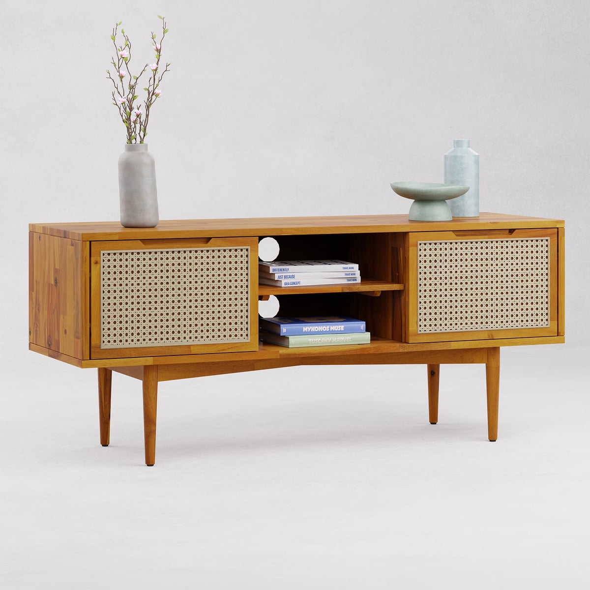 Oliver TV stand with caramel finish and media storage; for living room setup