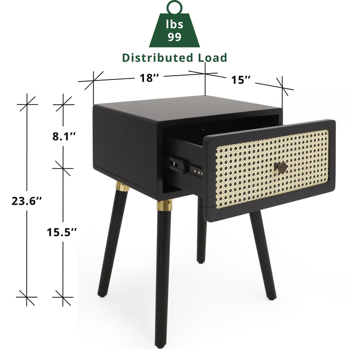 Nipe 1-drawer nightstand, featuring black finish and bedside storage, for bedroom organization