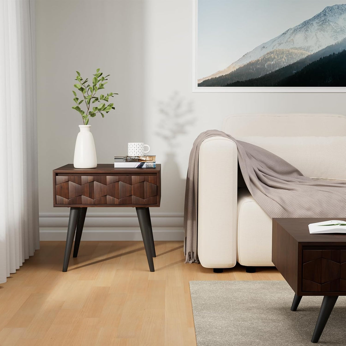 Georgina 1-drawer side table designed with walnut finish and sofa-side or bedside table for bedroom placement