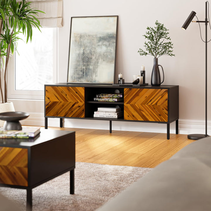 Vivian TV stand designed with rustic golden brown finish and media storage for living room media