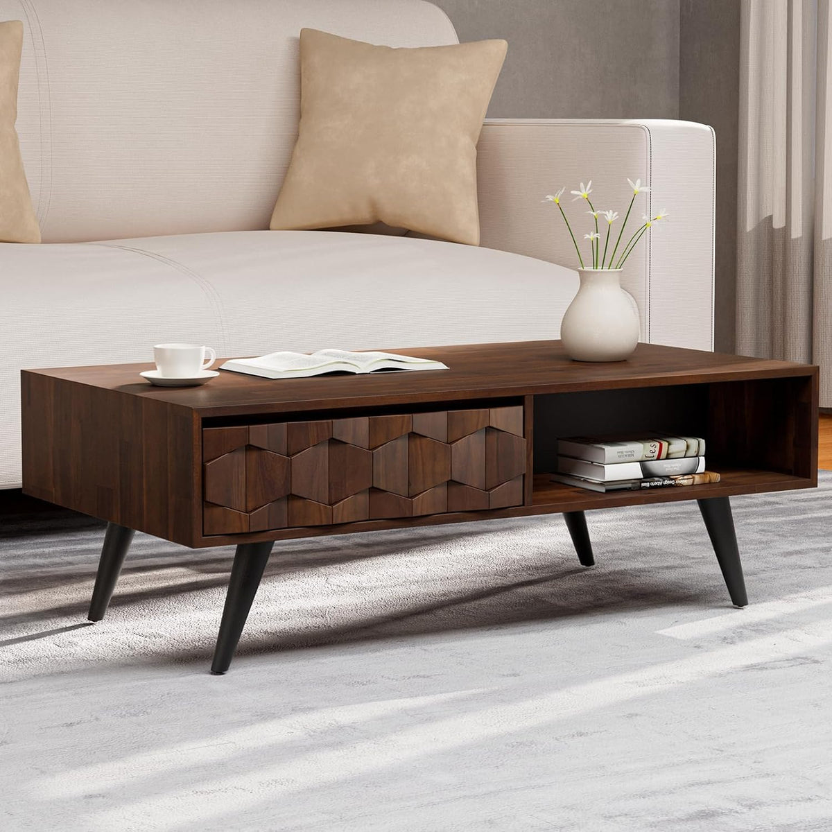 Georgina 2-drawer coffee table with walnut finish and living room table for decor display