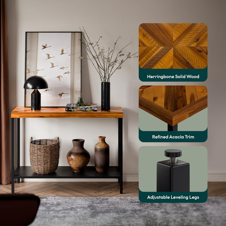 Vivian console table designed with open design, rustic golden brown finish, and entryway table for home organization