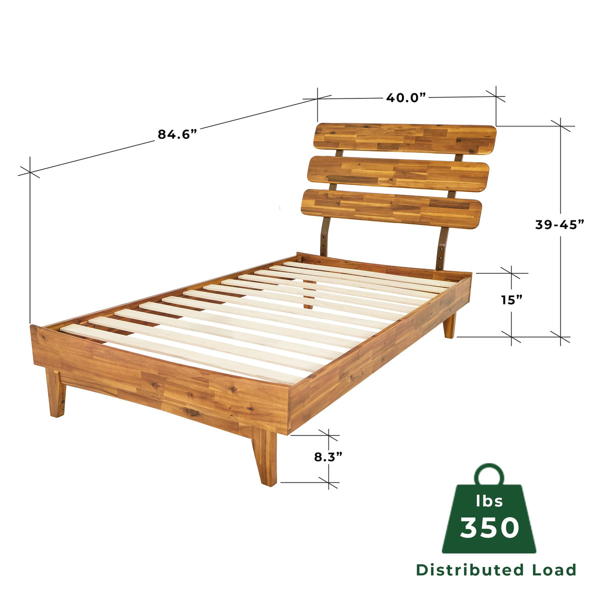 Caden twin platform bed frame, featuring headboard and caramel finish, for mattress placement