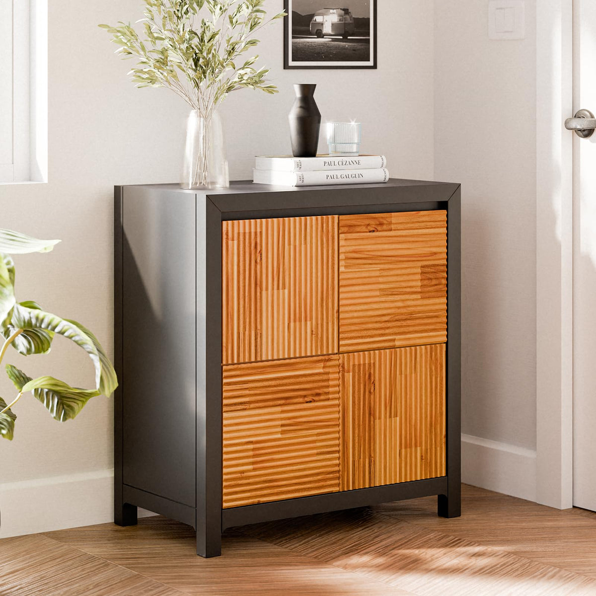 Madia 2-door storage cabinet with black & teak brown finish and living or dining room storage for living room storage