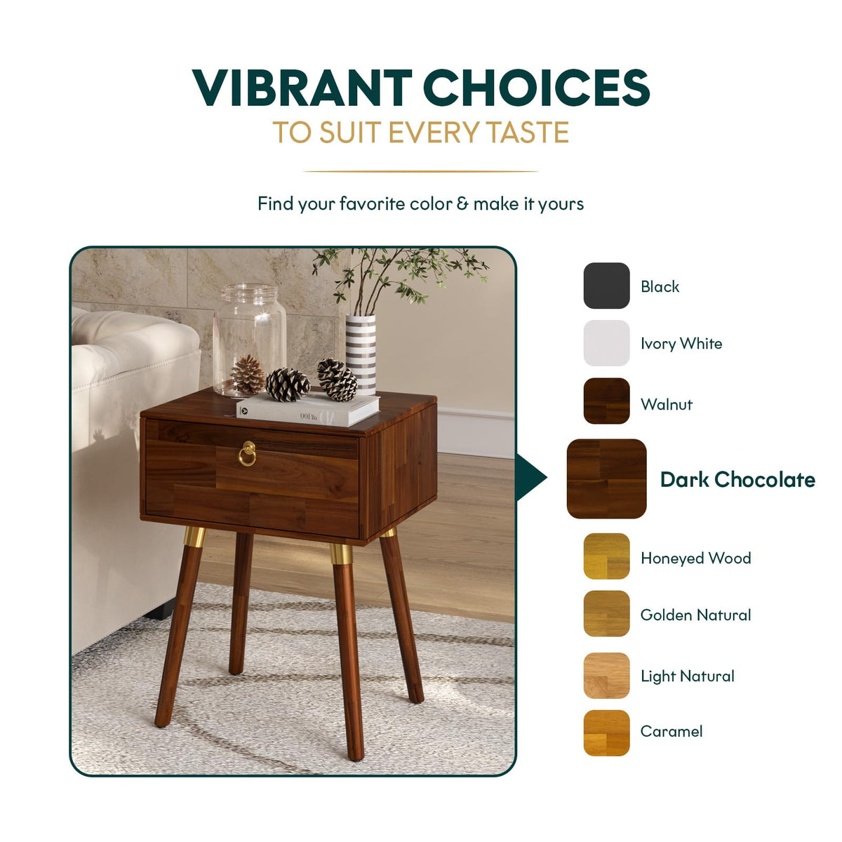 Alden 1-drawer nightstand, featuring dark chocolate finish and bedside storage, for bedside display