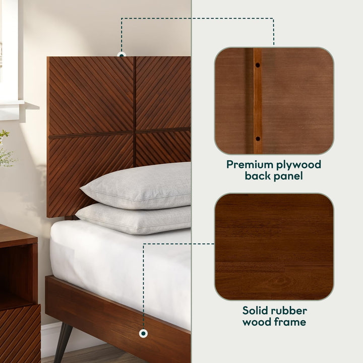 Rhombus king platform bed frame designed with walnut finish for a coordinated sleep space