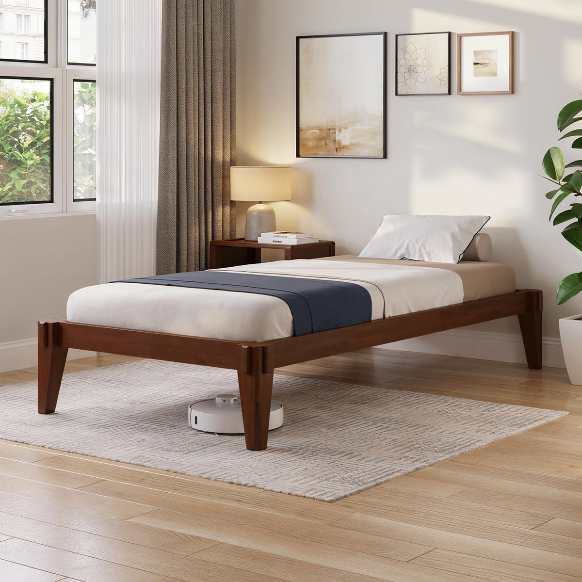 Chalipa twin platform bed frame with headboard- design and walnut finish for everyday bedroom use