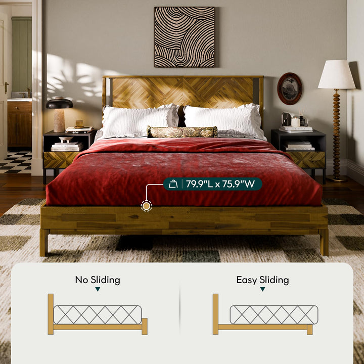 Solid king platform bed frame designed with solid wood and rustic dark brown finish for bedroom styling