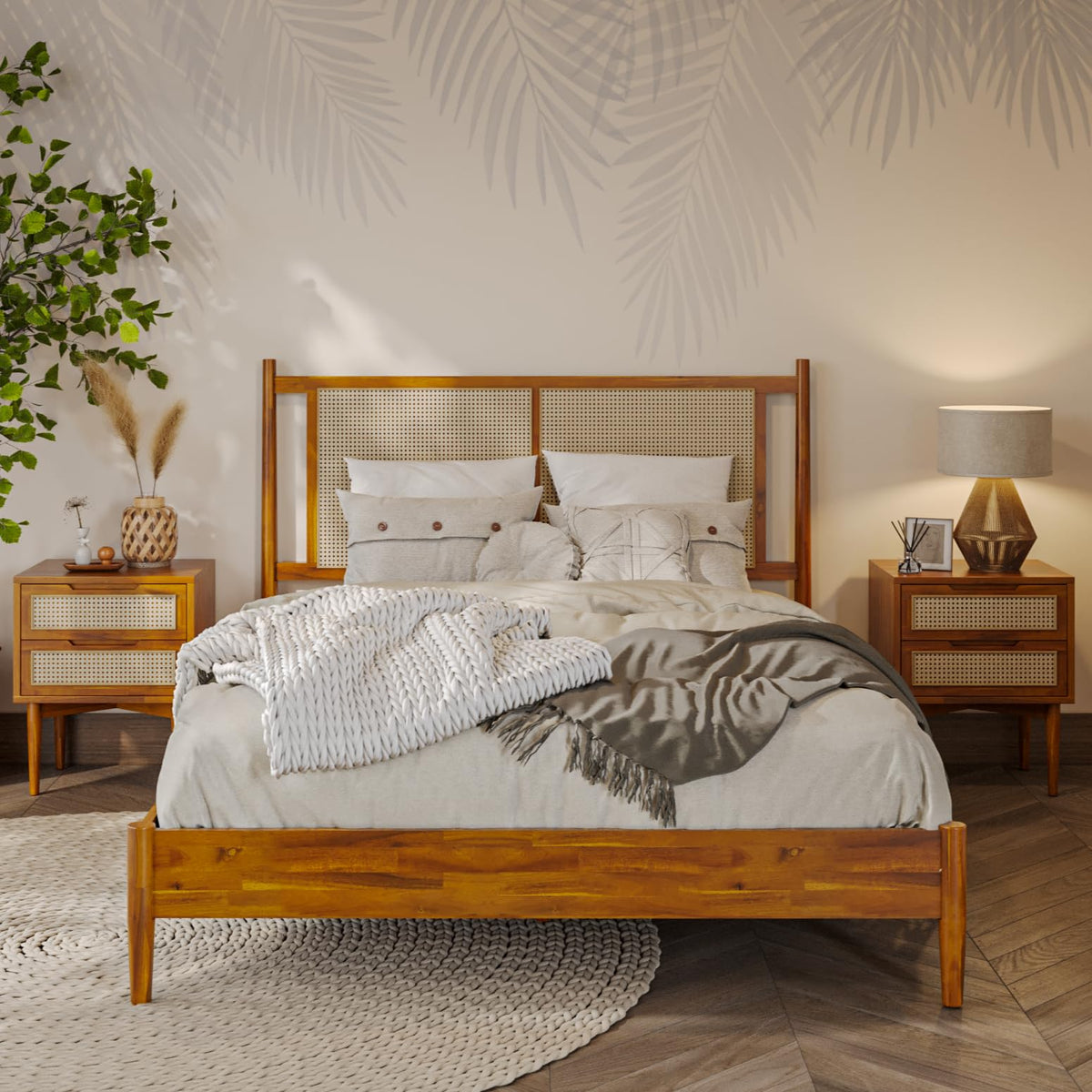 Oliver queen platform bed frame with caramel finish for bedroom setup