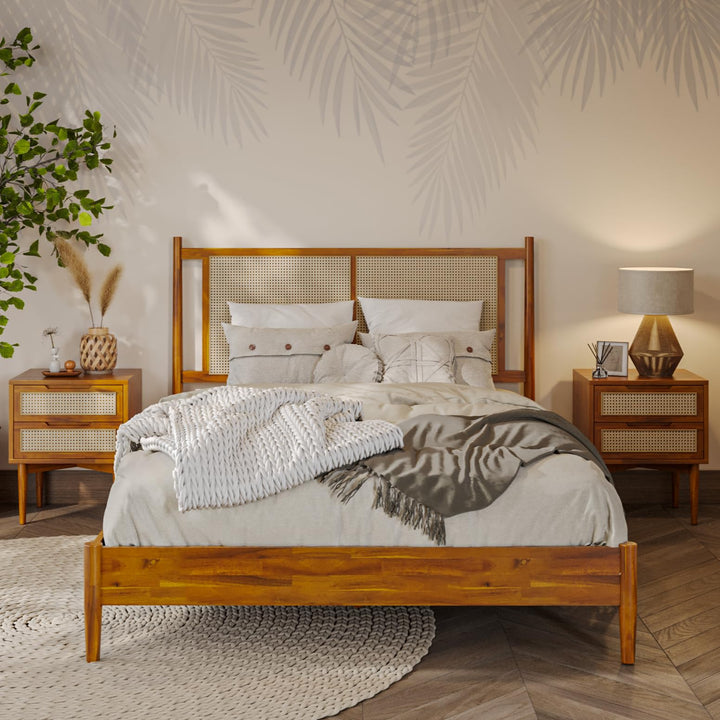 Oliver queen platform bed frame with caramel finish for bedroom setup