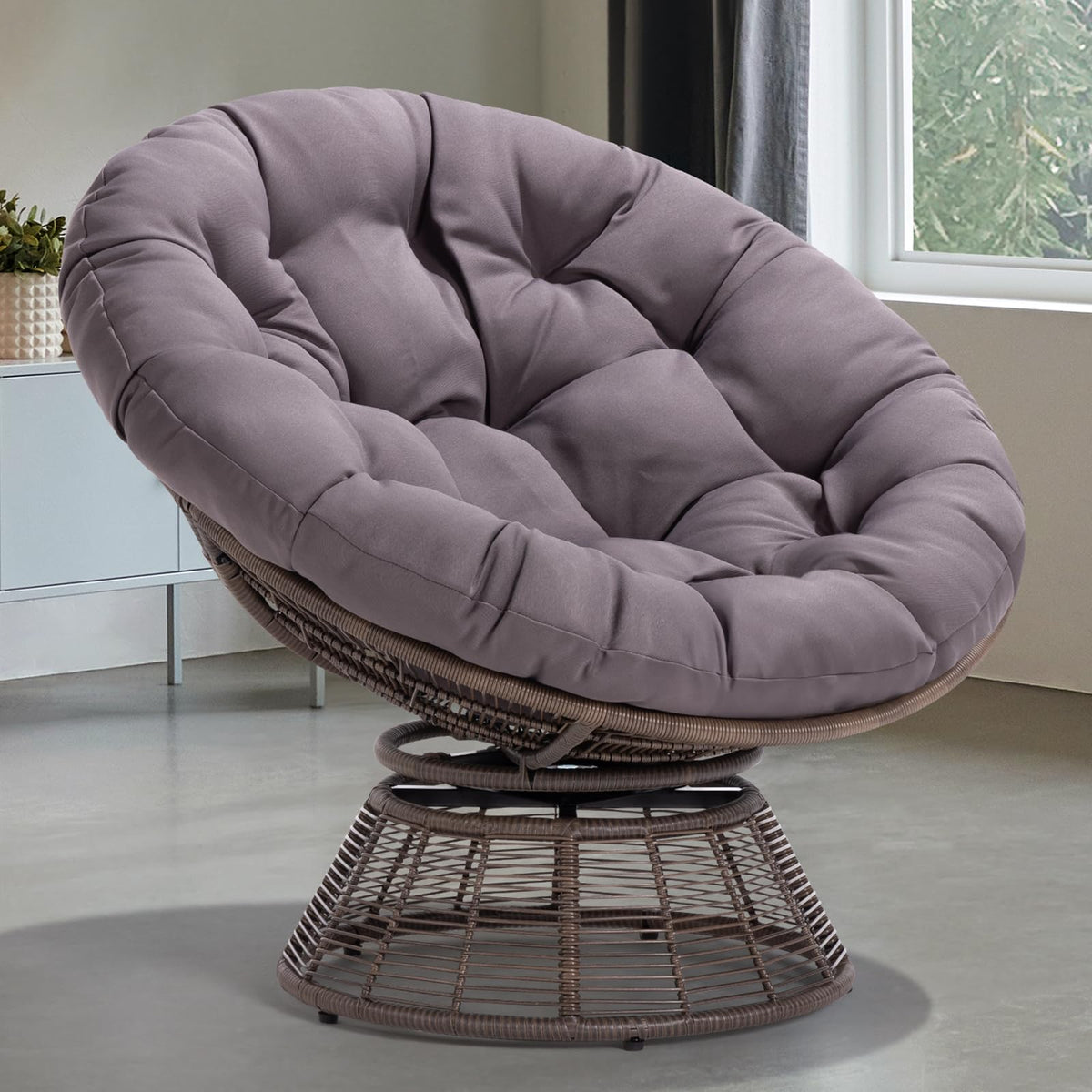 Bee papasan chair, featuring silver cloud cushion and brown frame, for a reading corner