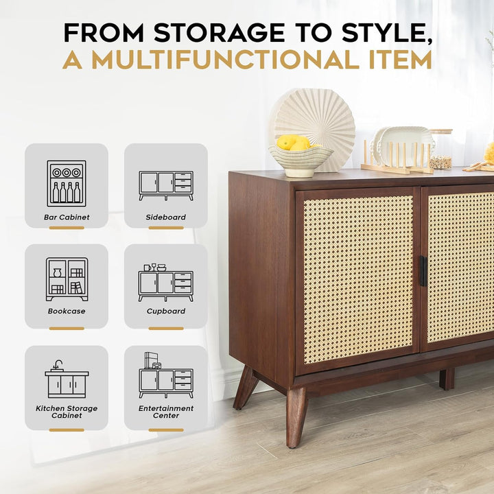Jasper sideboard cabinet designed with walnut finish and dining or living room storage for wall-side placement