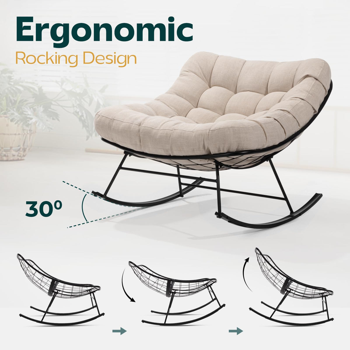 Metal moon rocking chair with ottoman, featuring beige cushion and black matte frame, for a lounge area