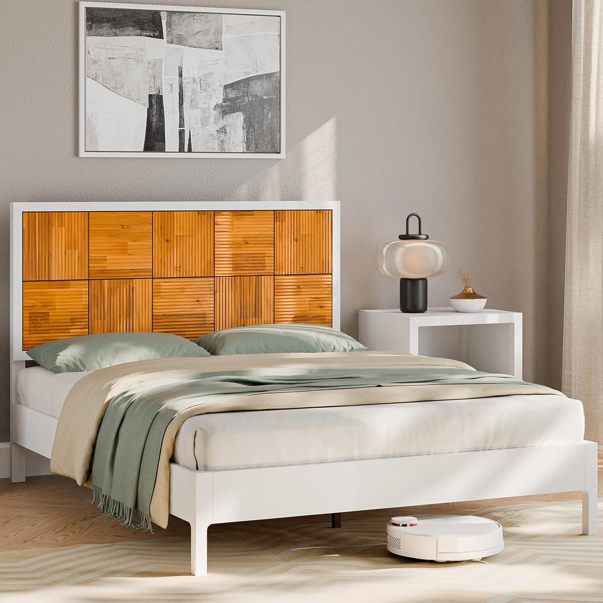 Madia queen platform bed frame designed with ivory white & teak brown finish for a coordinated sleep space