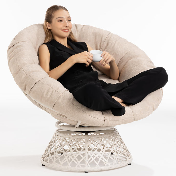 Papasan chair with sepia sand cushion and white frame for indoor lounge seating