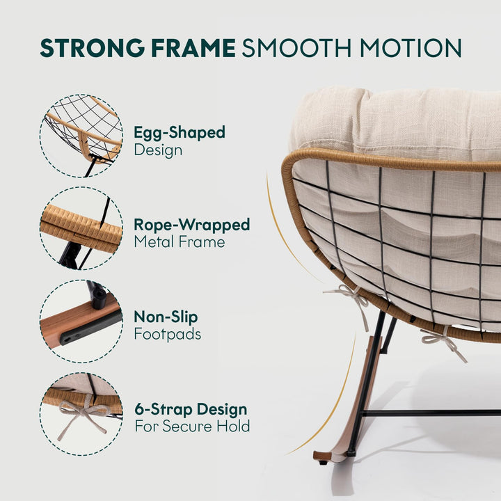 Metal moon rocking chair with beige cushion and wood-texture frame; for living room seating
