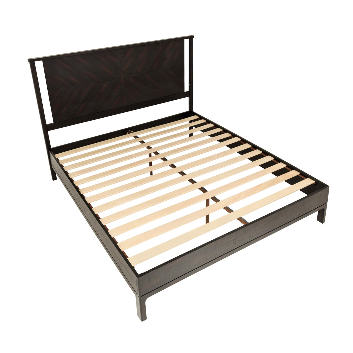 Vivian king platform bed frame, featuring headboard, acacia wood, and rustic black finish, for daily bedroom use