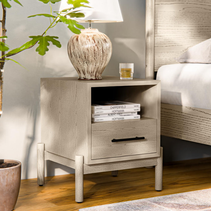 Lyra 1-drawer side table with light grey finish and sofa-side or bedside table for sofa-side use