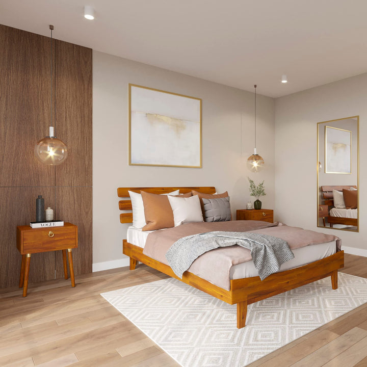 Caden full platform bed frame, featuring headboard and caramel finish, for daily bedroom use
