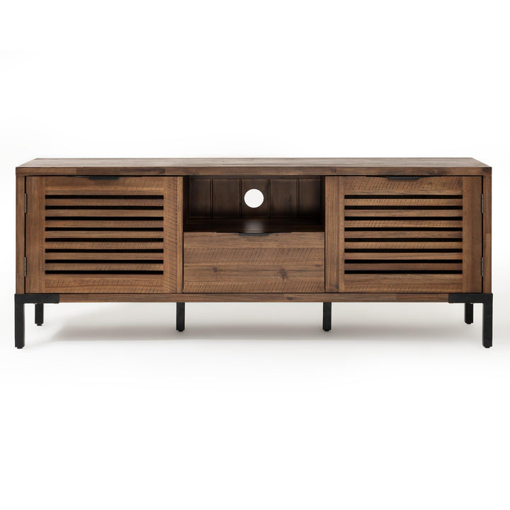 Millie TV stand, featuring rustic chestnut finish and media storage, for media organization