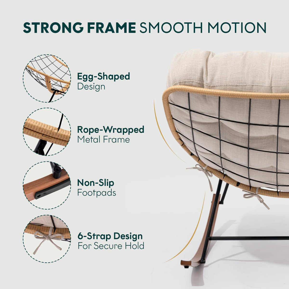 Metal moon rocking chair with ottoman with beige cushion and wood-texture frame; for living room seating