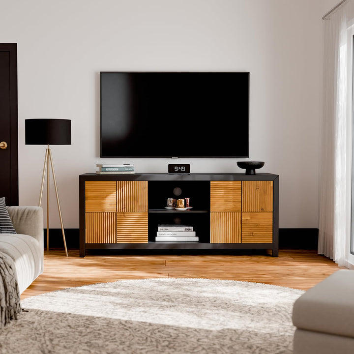 Madia TV stand with black & teak brown finish and media storage for entertainment devices