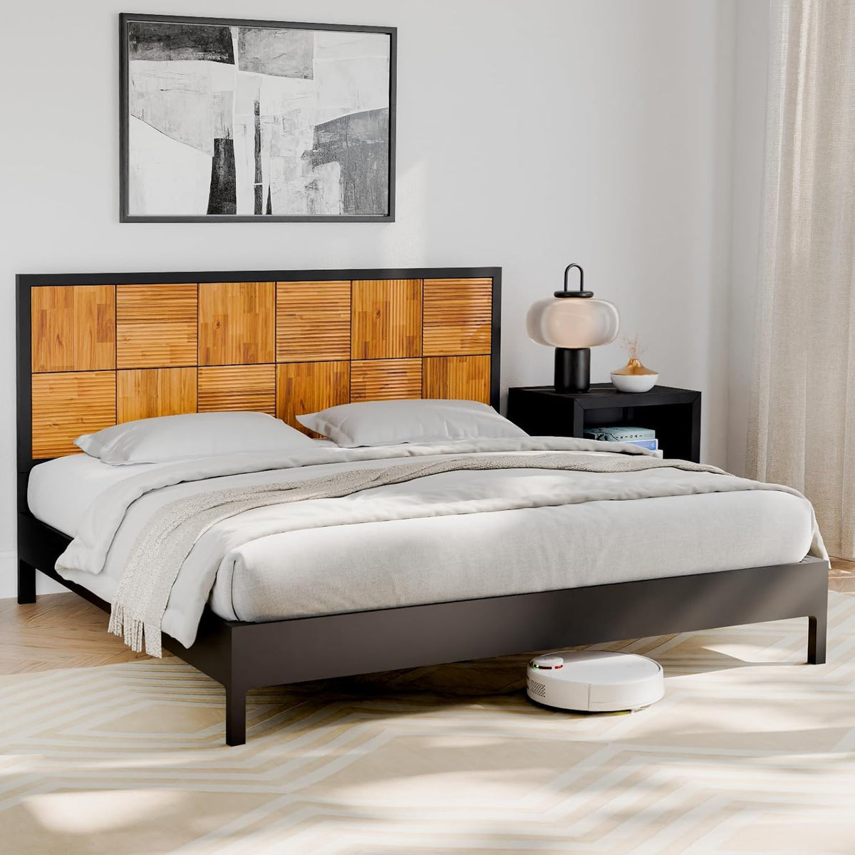 Madia king platform bed frame designed with black & teak brown finish for a coordinated sleep space