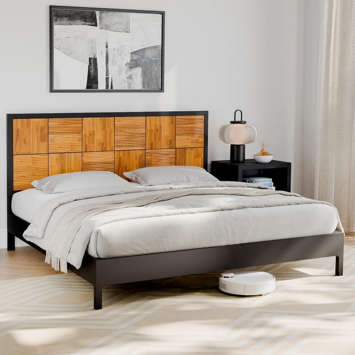 Madia king platform bed frame designed with black & teak brown finish for a coordinated sleep space