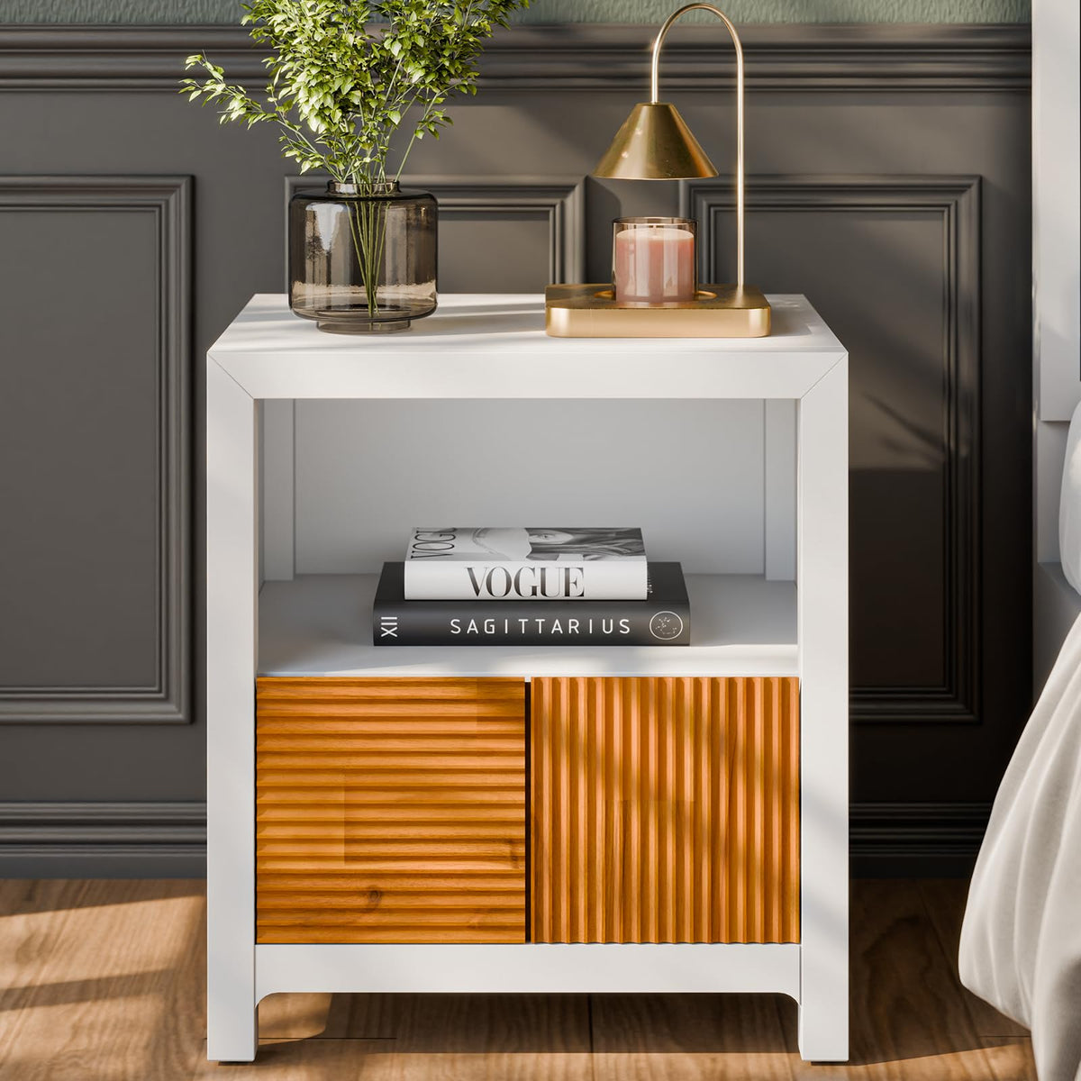 Madia nightstand, featuring ivory white & teak brown finish and bedside storage, for small-item storage