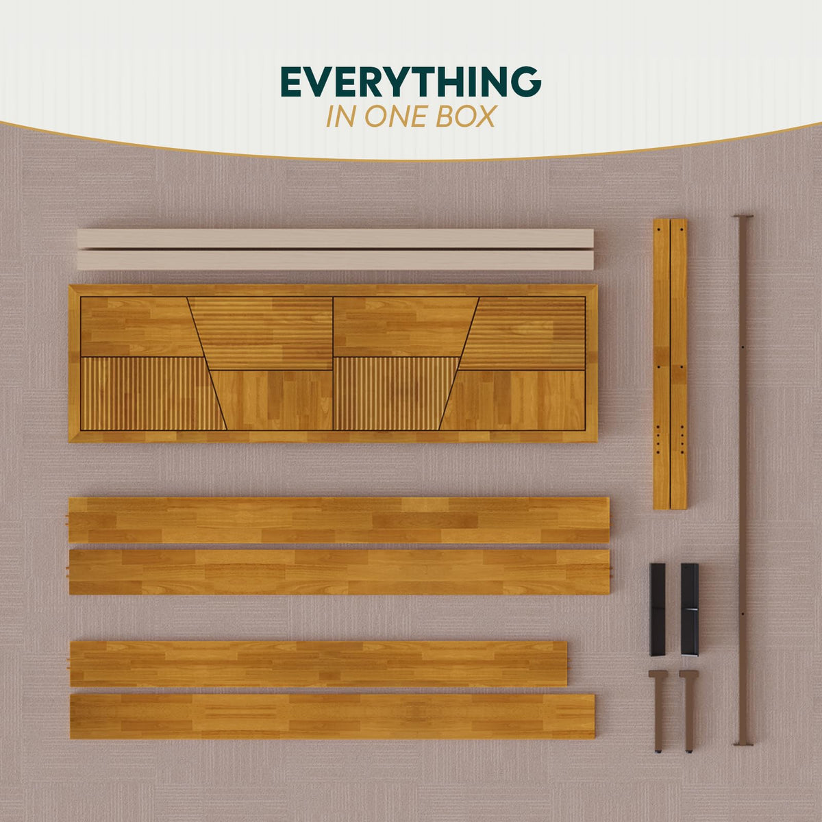 Trapeze king platform bed frame designed with teak brown finish for bedroom styling