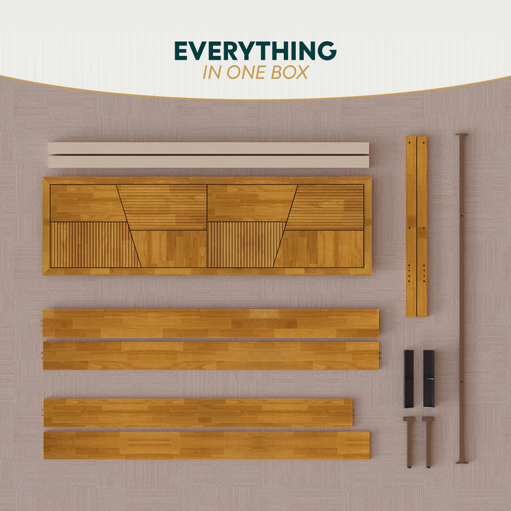 Trapeze king platform bed frame designed with teak brown finish for bedroom styling