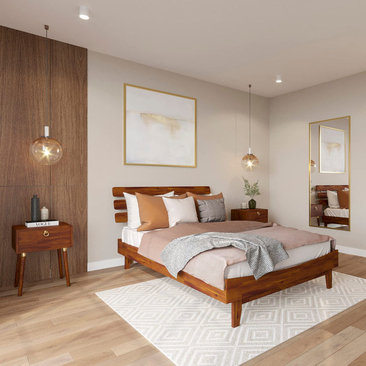 Caden full platform bed frame, featuring headboard and dark chocolate finish, for daily bedroom use