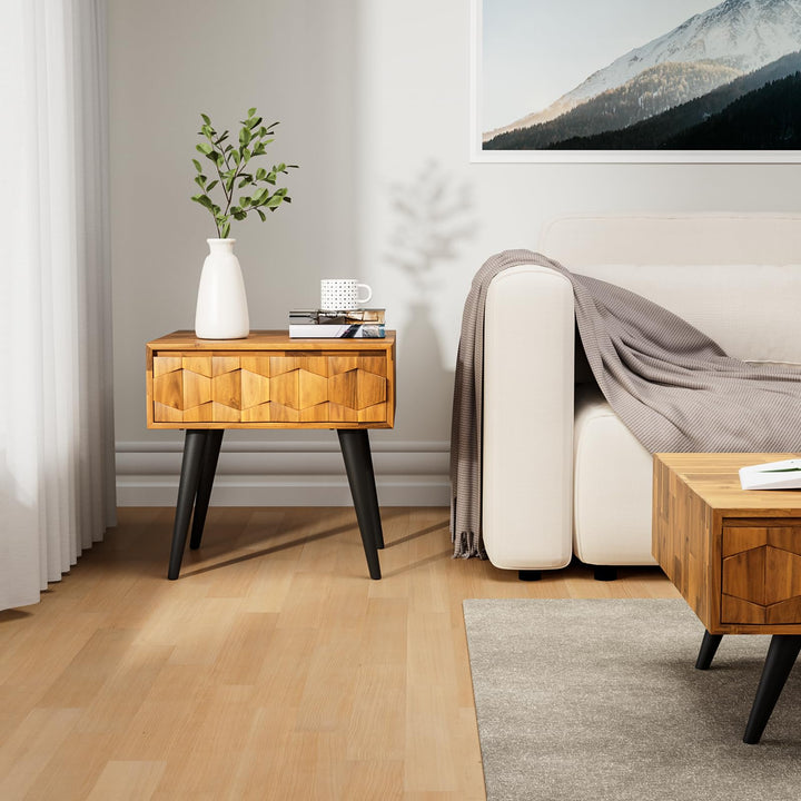 Georgina 1-drawer side table designed with teak brown finish and sofa-side or bedside table for living room placement