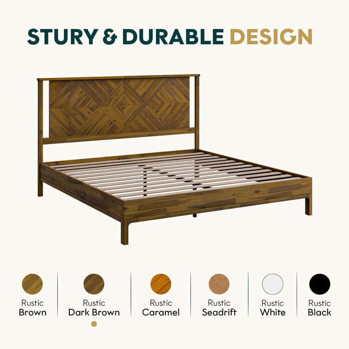 Solid king platform bed frame with solid wood and rustic dark brown finish; for sleep-space furnishing