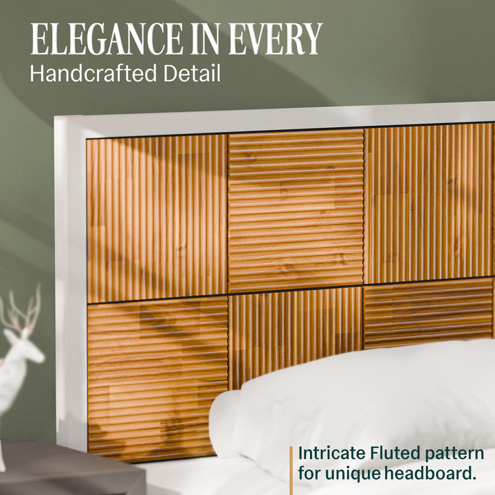 Madia queen platform bed frame with ivory white & teak brown finish for everyday bedroom use